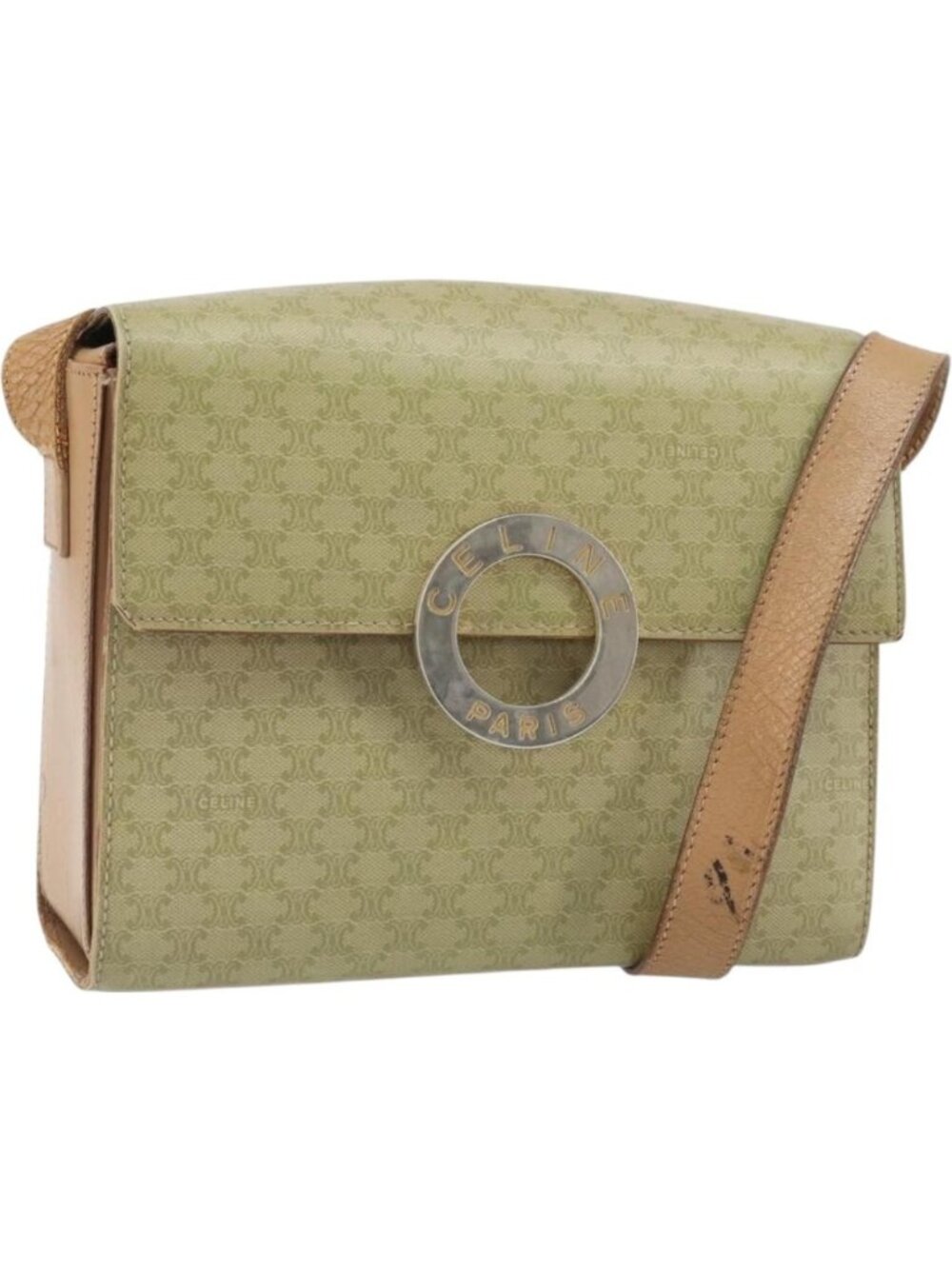 CELINE Macadam Canvas Circle Shoulder Bag PVC Beige Gold